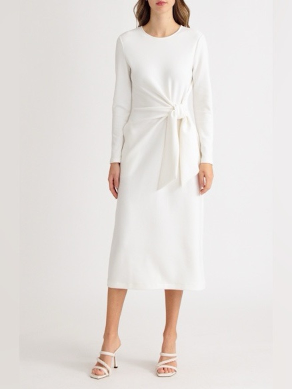 Nordstrom Cream Long-Sleeve Tie-Waist Midi Dress